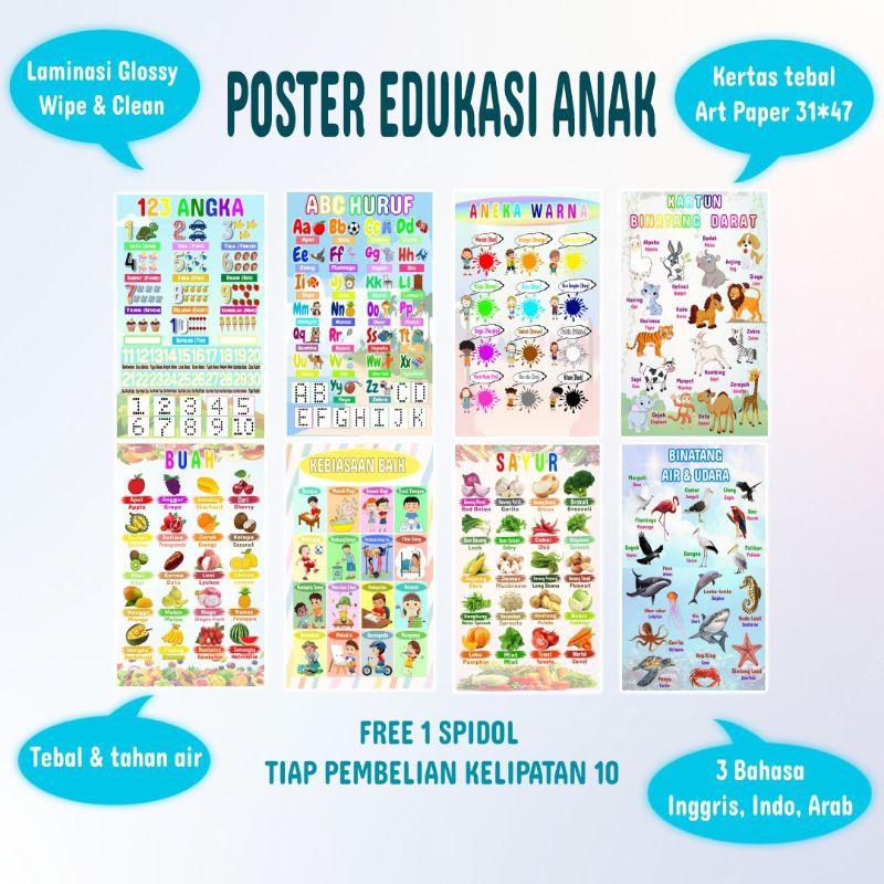 READY (WIPE CLEAN) POSTER EDUKASI ANAK BELAJAR BERMAIN ANAK ANAK, LAMINASI GLOSSY, MAINAN ANAK, CARA SHOLAT CARA WUDHU ABC HURUF ANGKA HEWAN DARAT HEWAN LAUT HEWAN UDARA KEBIASAAN BAIK MENGENAL TUBUH PENJUMLAHAN PENGURANGAN PERKALIAN PEMBAGIAN