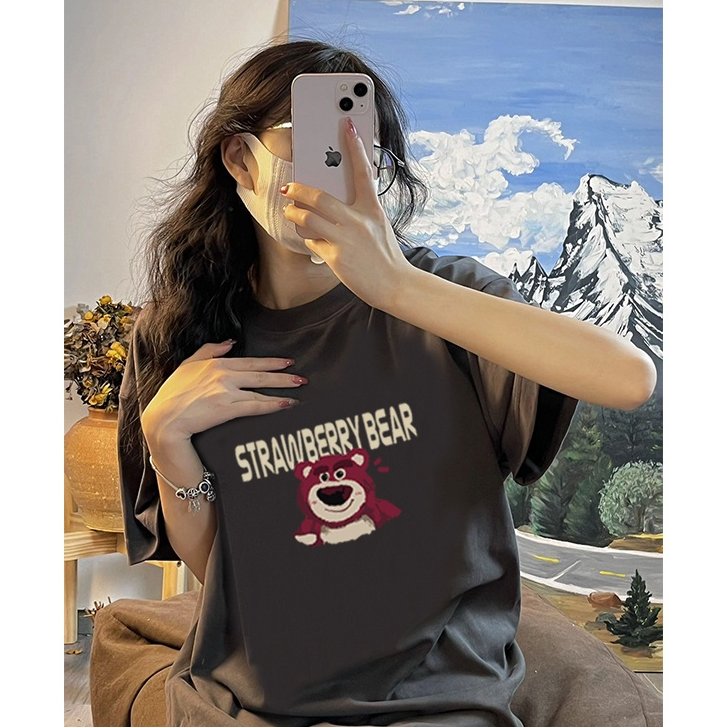 baju atasan wanita terbaru korean style lengan pendek oversize cartoon graphic print t-shirt import Strawberry Bear Doodle kaos hitam