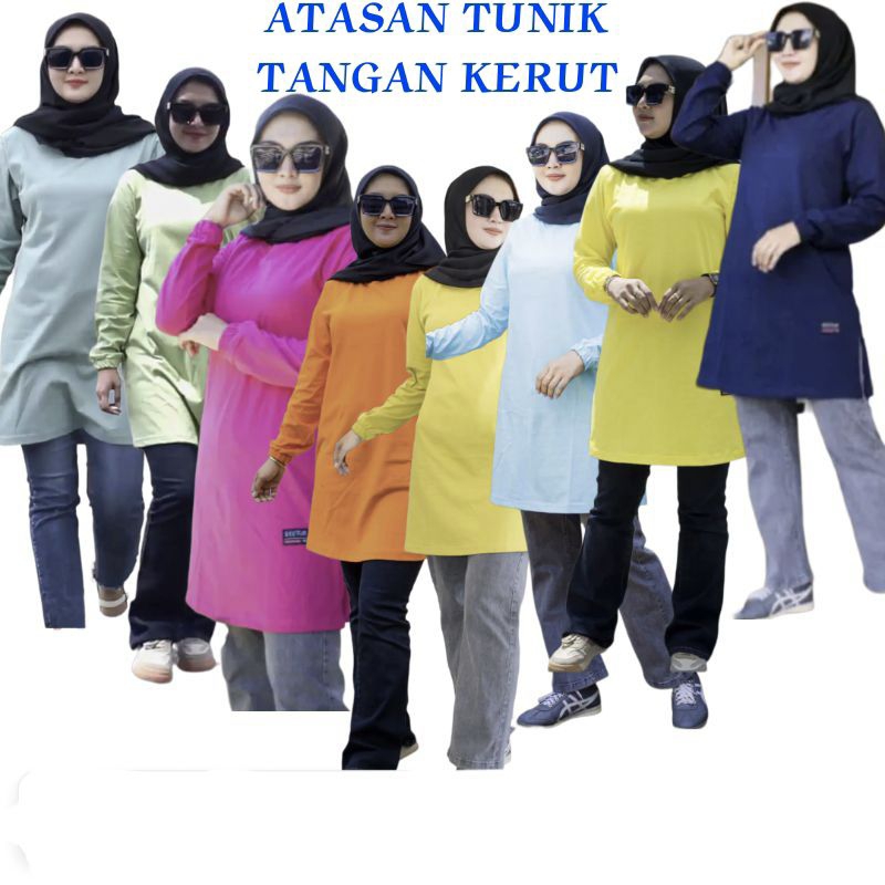 TUNIK 07&gt; POLOS KAOS WANITA TANGAN PANJANG KERUT PAKAI KARET JAHITAN BELAH PINGGIR TERLARIS BAHAN KATUN KOMBET 20S