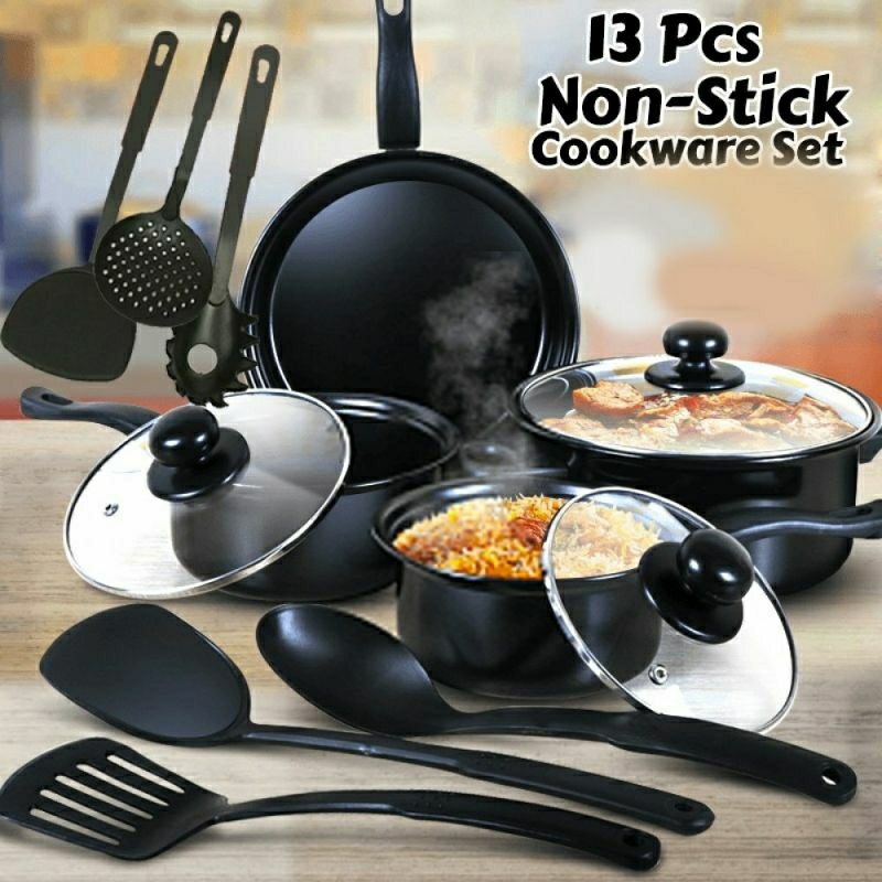 Set Alat Masak Panci Beranak Stainless Tutup Kaca Teflon Spatula Penggorengan 13in1