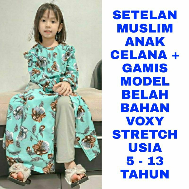 WK SETELAN GAMIS MODEL BELAH CELANA PANJANG ANAK PEREMPUAN BAJU MUSLIM.LEBARAN TERBARU