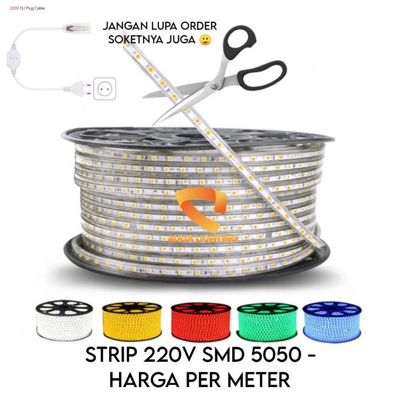 Lampu LED Strip Selang SMD 5050 PER METER 220v Input Ac Putih Warmwhite Merah Biru Hijau Pink meteran