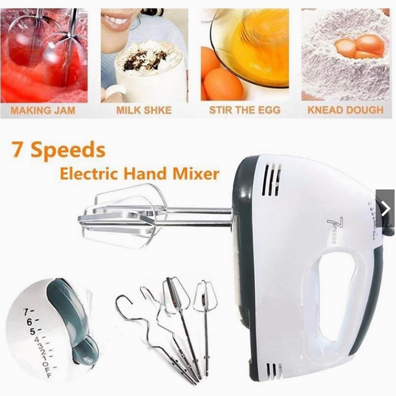 Hand Mixer 100W Pengocok Telur Pengaduk Stainless 7 Kecepatan Kocokan Adonan Telur Elektrik Serbaguna- Putih