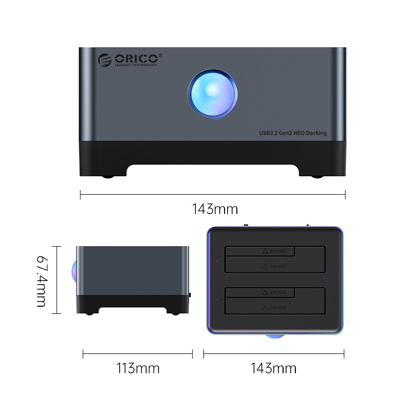 Docking ssd hdd orico 2 bay Slot 3.5&quot; 2.5&quot; sata type-c usb 3.2 10Gbps clone offline RGB 5528c3-c 5528-c3 - hard disk drive dock 2.5 3.5 sata3