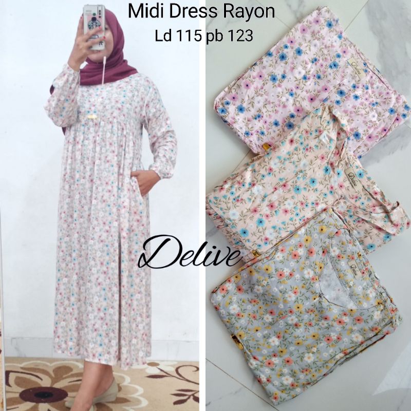 Midi Dress Rayon//Midi Dress motif bunga//Midi Dress motif//homey dress rayon