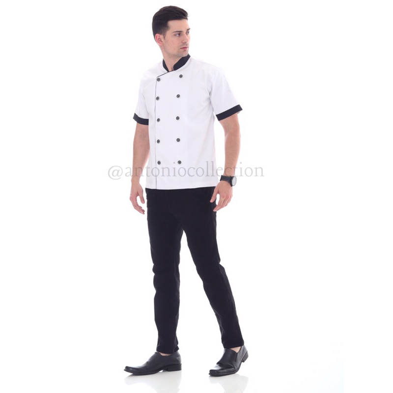 Baju Koki / Chef Jacket Putih Lis Hitam Lengan Pendek