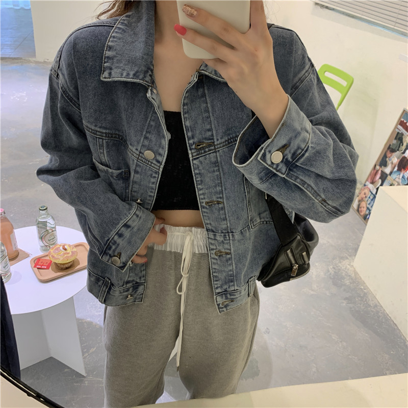 EUNII Korean Style Jaket Denim Wanita Lengan Panjang Crop Jacket Atasan Wanita