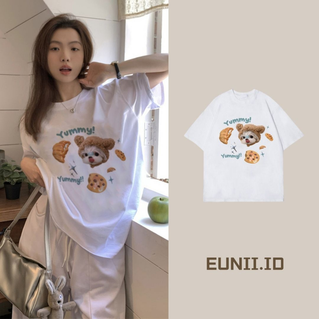 EUNII T-shirt Lengan Pendek Cartoon Cookie Dog Korean Style/Kaos Atasan Wanita/Baju Kaus Oversize Wanita/Kaos Wanita