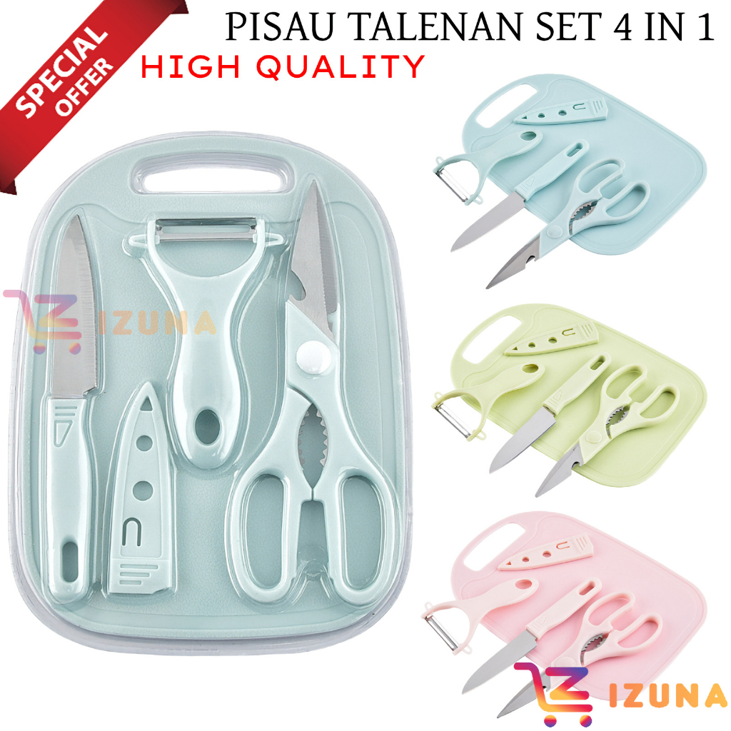 [IZUNA] PISAU SET TALENAN 4 IN 1 / PISAU SET 4 IN 1 DENGAN GUNTING / PISAU SET 4 IN 1 GUNTING PEELER TALENAN / PISAU SET POTONG BUAHAN SAYURAN DAN DAGING / PISAU DAPUR / PISAU BUAH