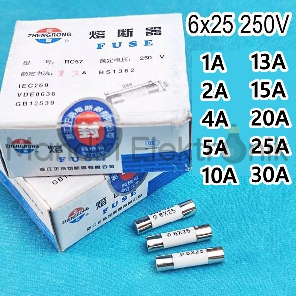 Fuse Sekring Keramik 6x25 Sekring AC 1A 2A 4A 5A 10A 13A 15A 20A 25A 30A Sikring Keramik Besar 250V