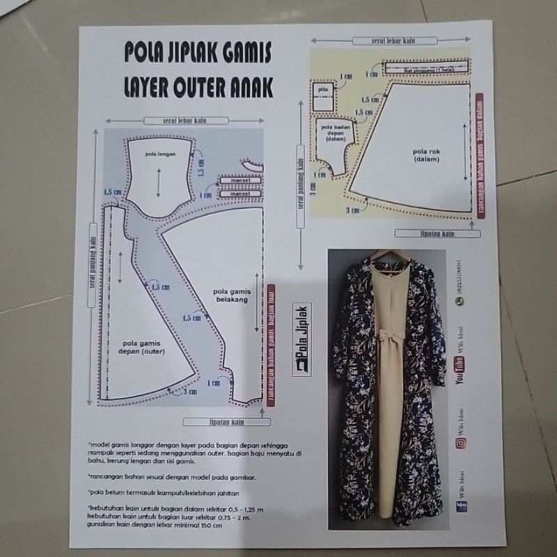 Pola Jiplak Gamis Layer Outer Anak size S-XXL (pola bukan baju)