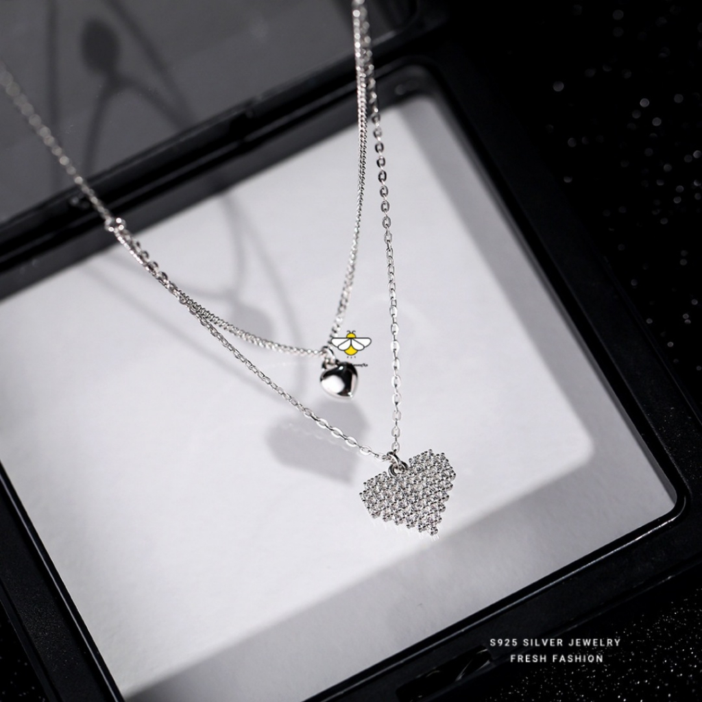 Kalung Choker Rantai Ganda Silver Liontin Hati Hias Kristal