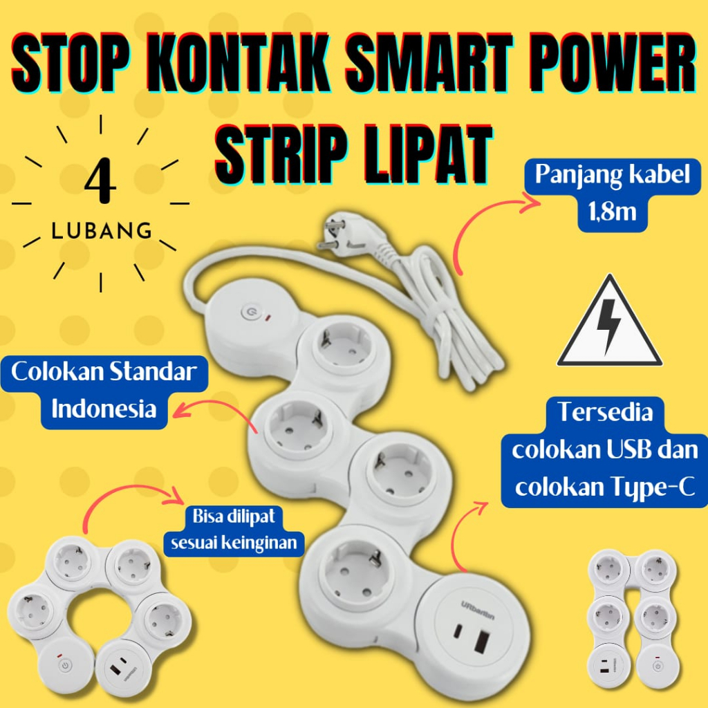 Stop Kontak Colokan Listrik Smart Power Bisa Dilipat Strip 4 Lubang 1 USB Port 1 Type-C