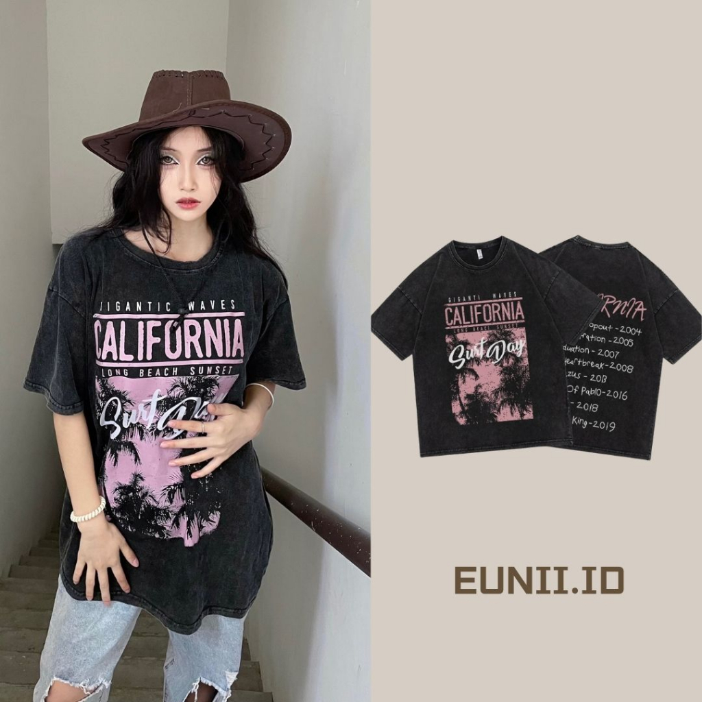 EUNII T-shirt Lengan Pendek Black Washed Retro Pink Shut Day Printing Korean Style/Kaos Atasan Wanita/Baju Wanita/Kaos Wanita