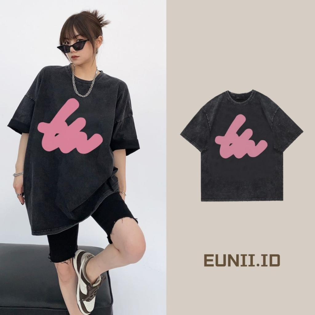 EUNII T-shirt Lengan Pendek Black Washed Retro Pink Bow Tie Printing Korean Style/Kaos Atasan Wanita/Baju Wanita/Kaos Wanita