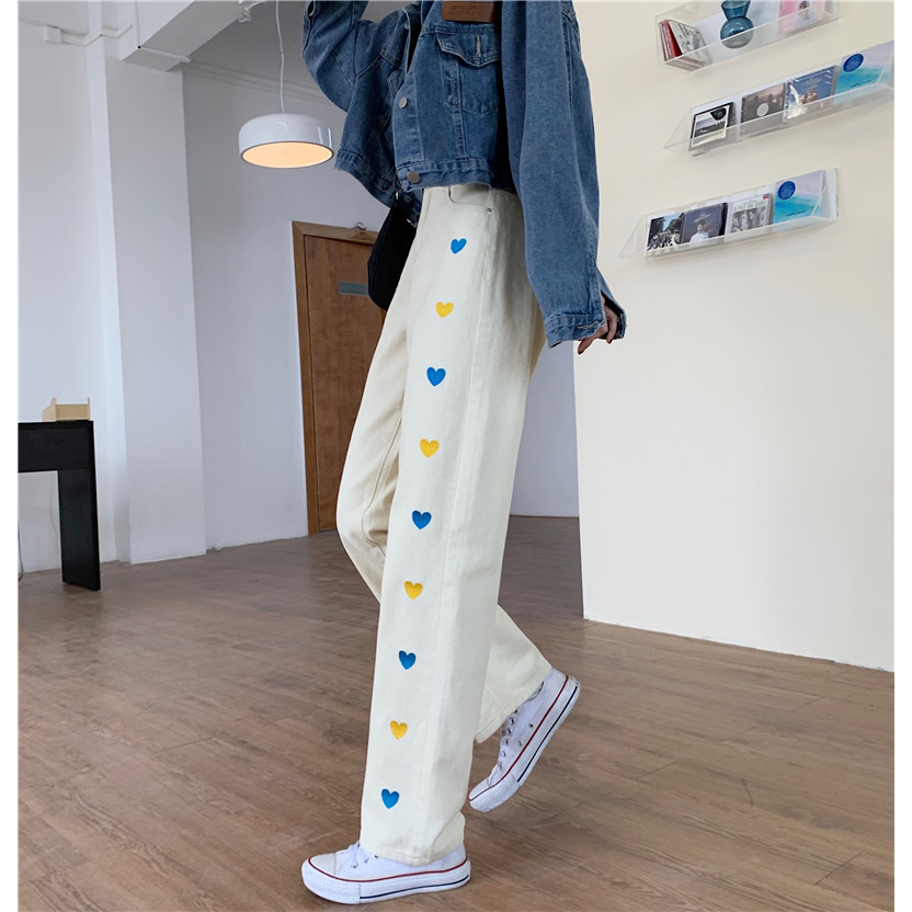 EUNII Celana Jeans Wanita Terbaru High Waist Straight Loose Heart Embroidery Celana Jeans