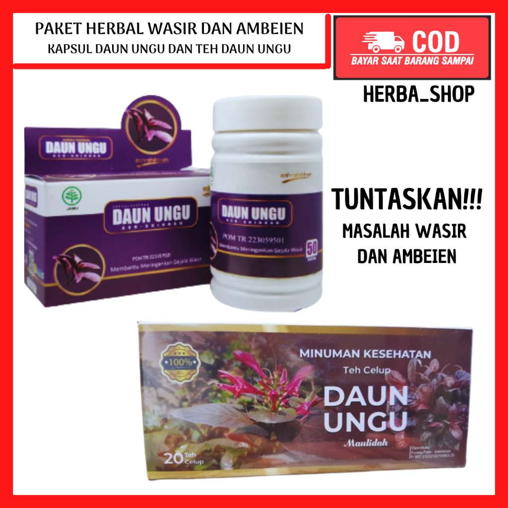Kapsul Daun Ungu & TEH DAUN UNGU ORIGINAL Obat Ambeien Wasir Ambeyen Benjolan Asli Ash Shihhah