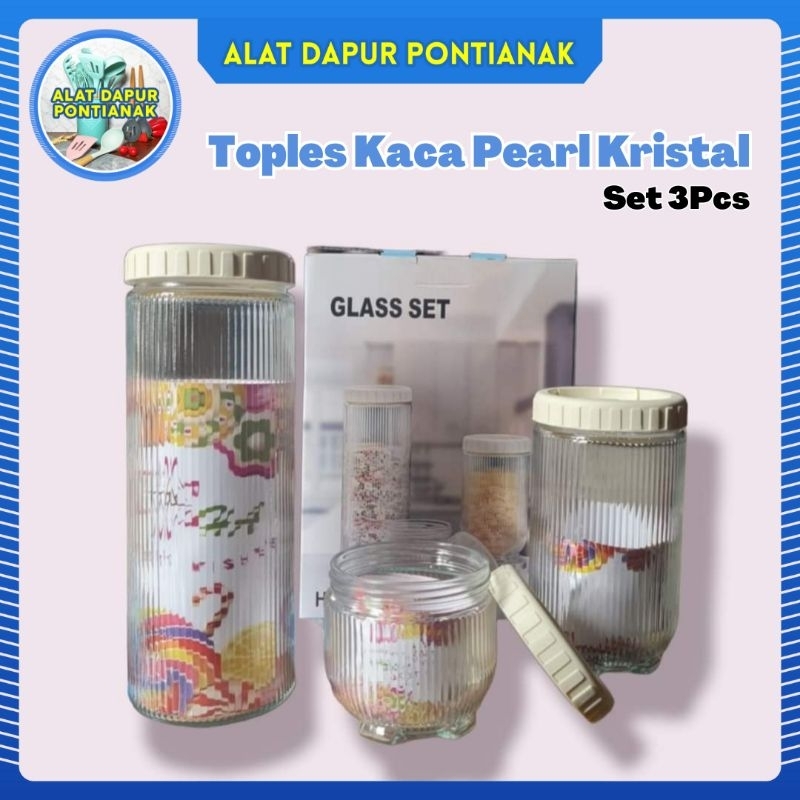 Set 3Pcs Toples Kaca Kristal interlock Kitchen Storage HA import Glass Canister Tutup Lock Kedap Uda