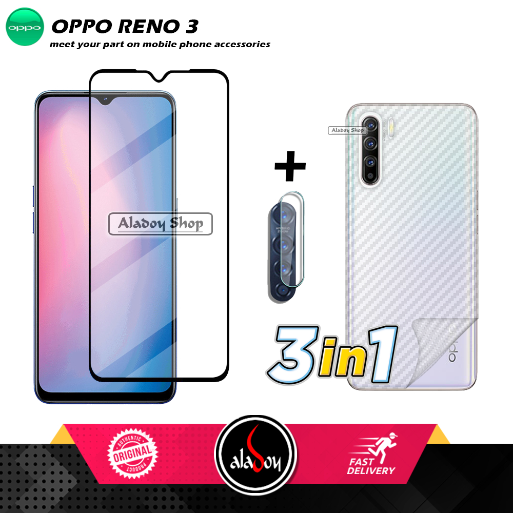 PAKET 3 IN 1 Tempered Glass Layar Oppo Reno 3 Free Tempered Glass Camera dan Skin Carbon