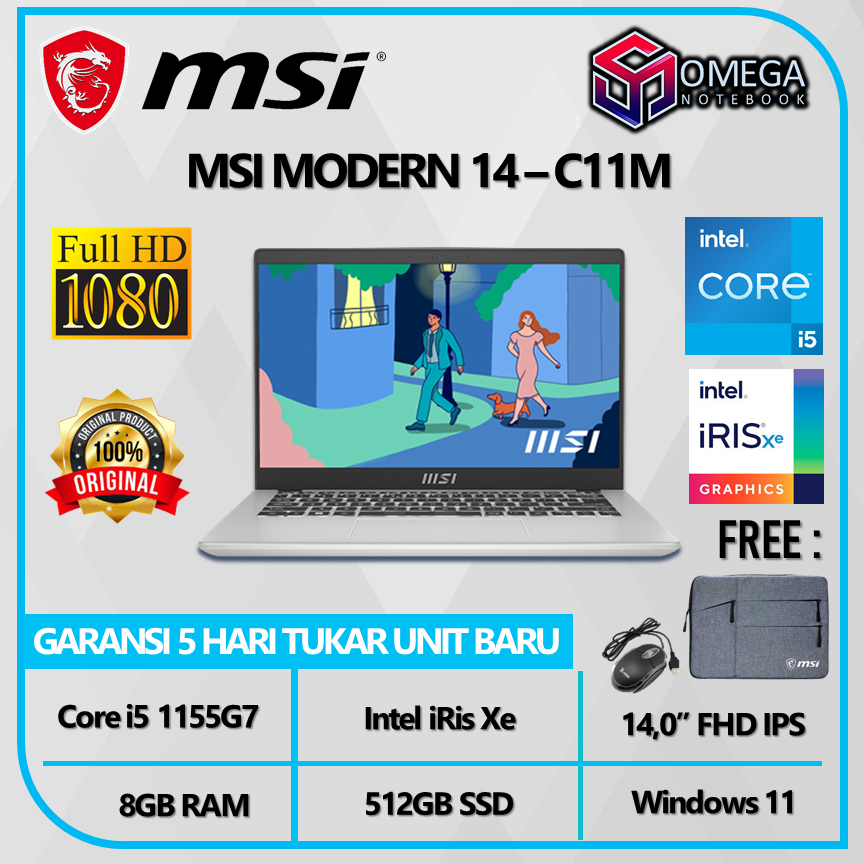 Laptop MSI Modern 14 C11M i5-1155G7 8GB 512GB iRiS Xe 14,0 Full HD iPS Windows 11