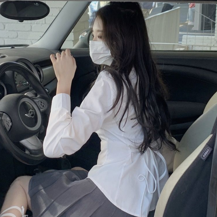 Baju Kemeja Polos Wanita Korean Lengan Panjan Serut Casual Top