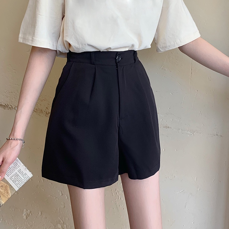 EUNII High Waist Hitam Casual Celana Pendek Kasual  Shorts