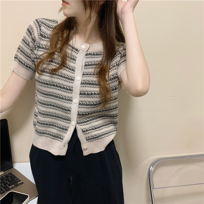 EUNII  Knit Cardigan Wanita Retro Crop Top Kardigan Rajut Stripe Korean Style