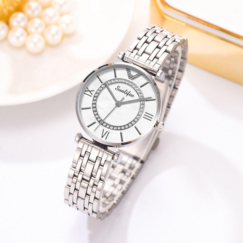 SUNLIFEX Jam Tangan Wanita Original Berlian Putaran Dial Tampilan Jam Tangan Wanita Anti Air Kuarsa Tali Stainless Steel Mode Bisnis Jam Tangan Cewek