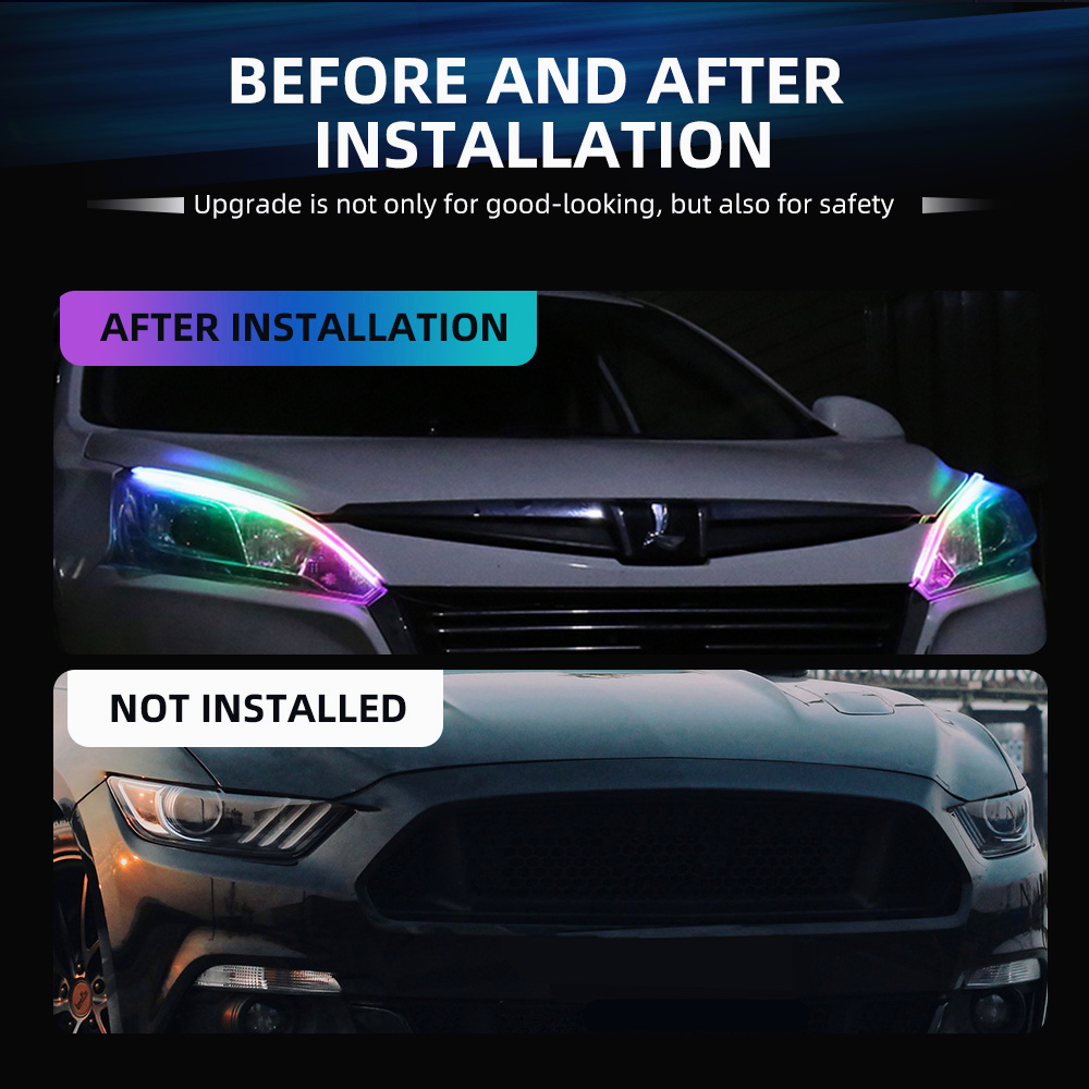 （Satu set =2 pcs dijual） Alis LED slim alis DRL fleksibel waterproof Transformasi warna-warni + kendali jarak jauh 12v 60cm 30cm 2 mode running motor mobil 2 MODE SEN RUNNING DAN SENJA Menjalankan Selamat Datang