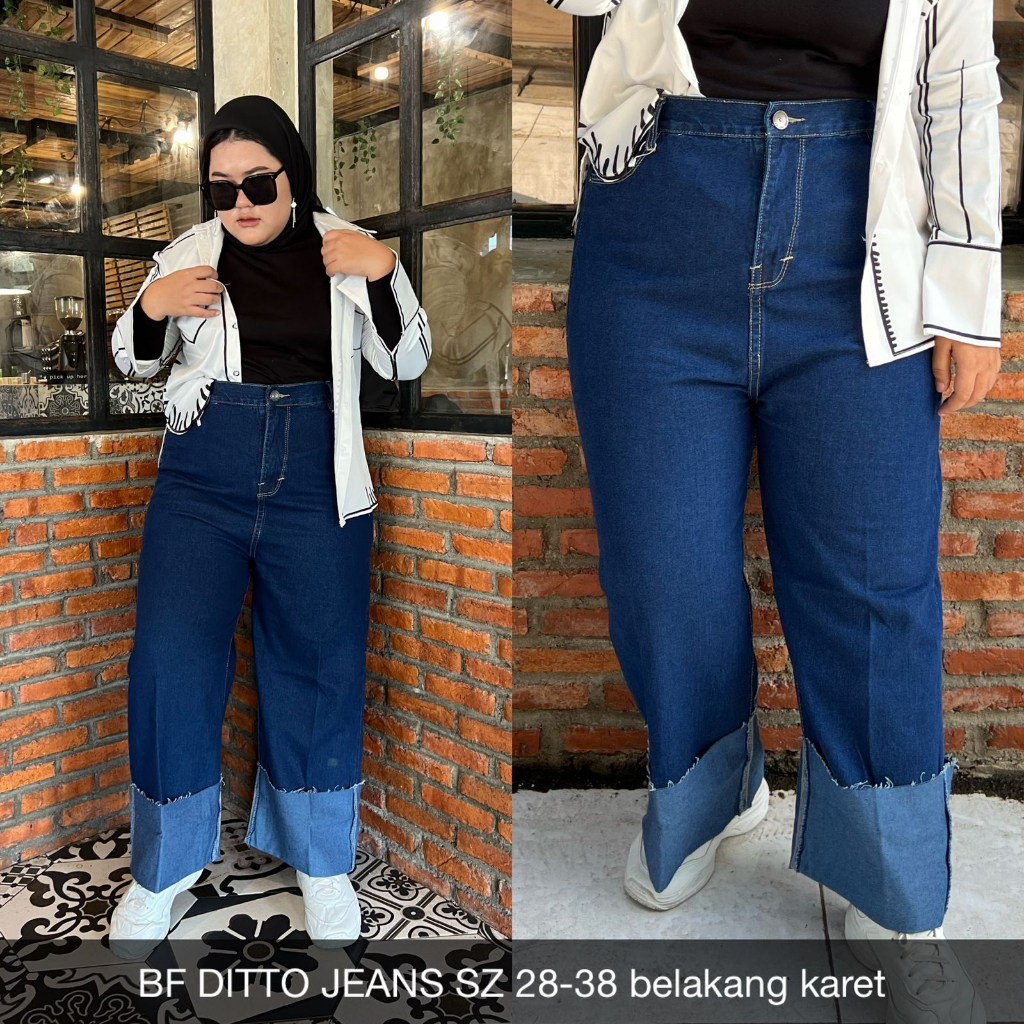 CELANA JEANS WANITA UKURAN NORMAL &amp; JUMBO BF DITTO JEANS PINGGANG BELAKANG KARET ANTI BEGAH