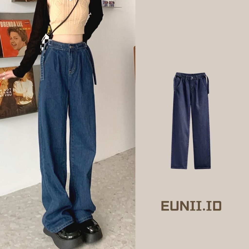 EUNII Korean Style Boyfriend Celana Jeans Wanita Kekinian Loose Highwaist Jeans