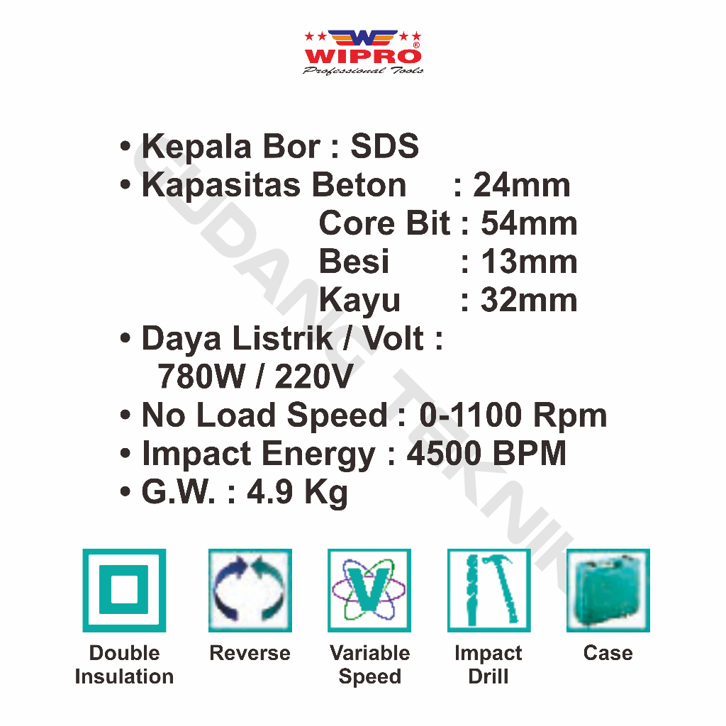 Bor Tangan Listrik Impact SDS 24mm WIPRO W-6240 / Bor Listrik Beton Impact SDS W 6240 W6240 WIPRO