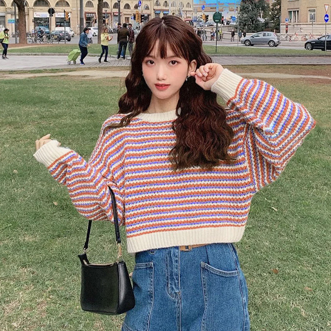YIU YIU Rajut - Retro Sweater Crop Long Sleeve Import Stripes Baju Rajut Wanita Lengan Panjang