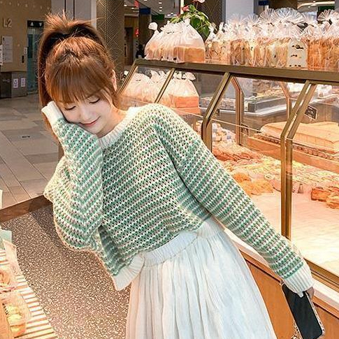 YIU YIU Rajut - Retro Sweater Crop Long Sleeve Import Stripes Baju Rajut Wanita Lengan Panjang