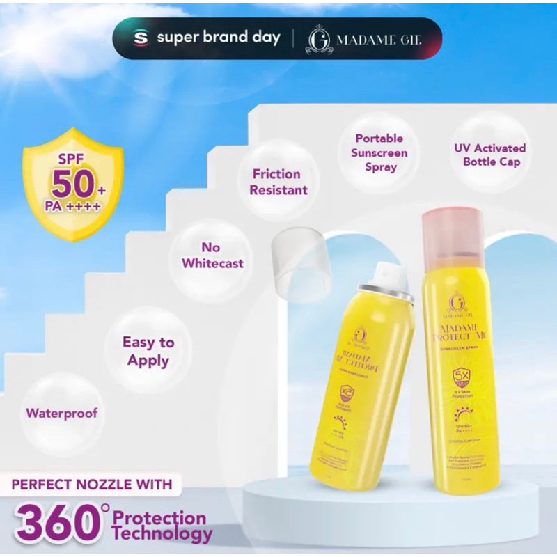 READY - MADAME GIE SUNSCREEN SPRAY PROTECT SPF 50+ PA+++ 100ml 50ml MADAME Gie Madame Protect Me Sunscreen SPF 30 PA +++ With Calendula - Madame Gie Protect Me Let's Glow Tinted Sunscreen SPF 50