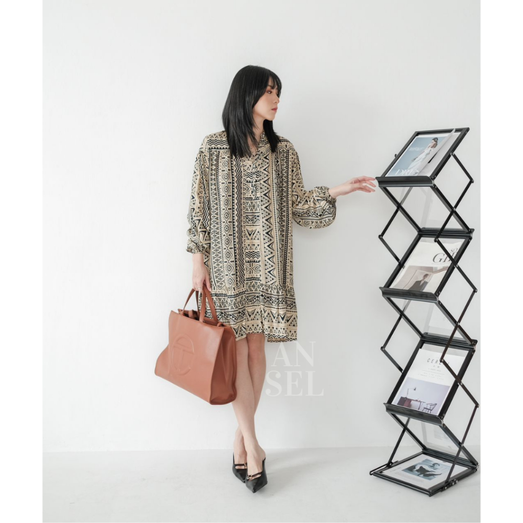 EUGENIA Dress Botton-Down Kerah Bulat Midi Dress Batik - Dress Printed Wanita Lengan Panjang