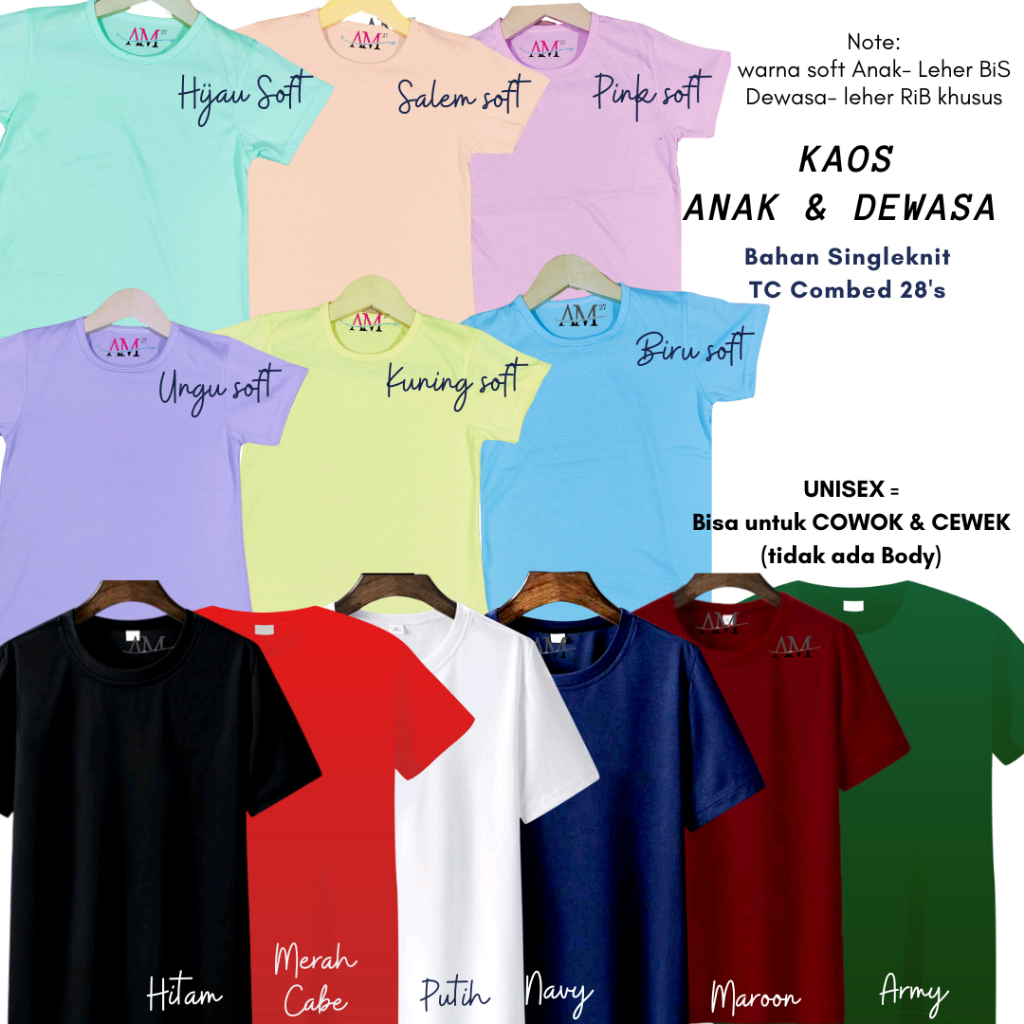 Baju Kaos COWOK Anak sampai Dewasa POLOS Oblong Distro Bahan katun