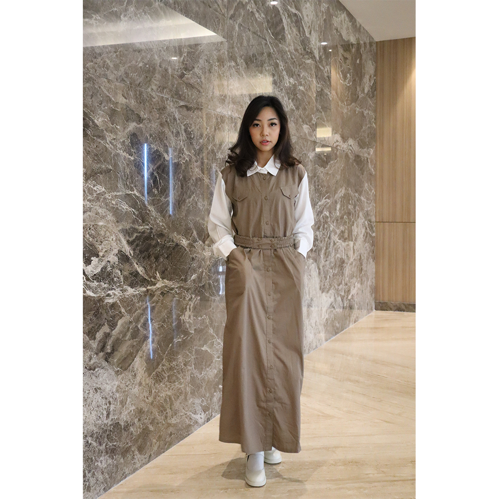 Gamis Dress Missty Wanita Warna Cokelat Inner Putih Variasi Sabuk Kerah Korea Spesial Lebaran Best S