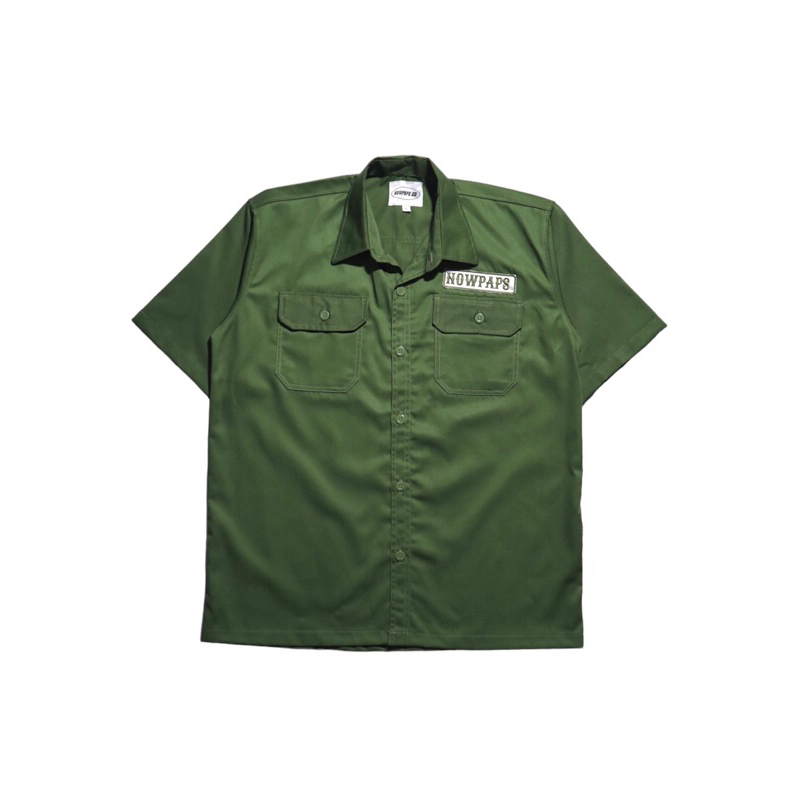 WORKSHIRT SHORT KEMEJA NOWPAPS DRILL GREEN ARMY/KEMEJA KERJA GREEN ARMY NOWPAPS PATCH BORDIR