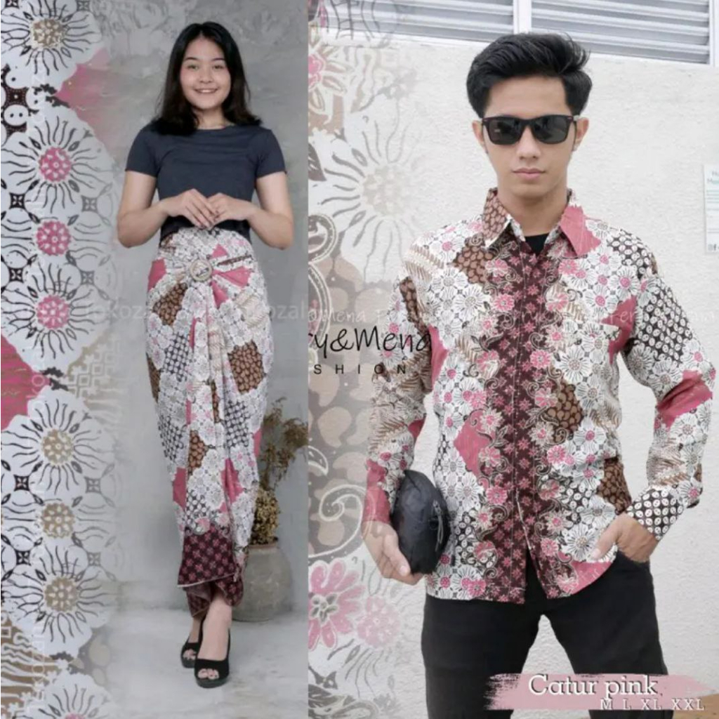 Couple Rok Lilit Dan Kemeja Batik Bahan Premium Tebal Motif Mumu Pink