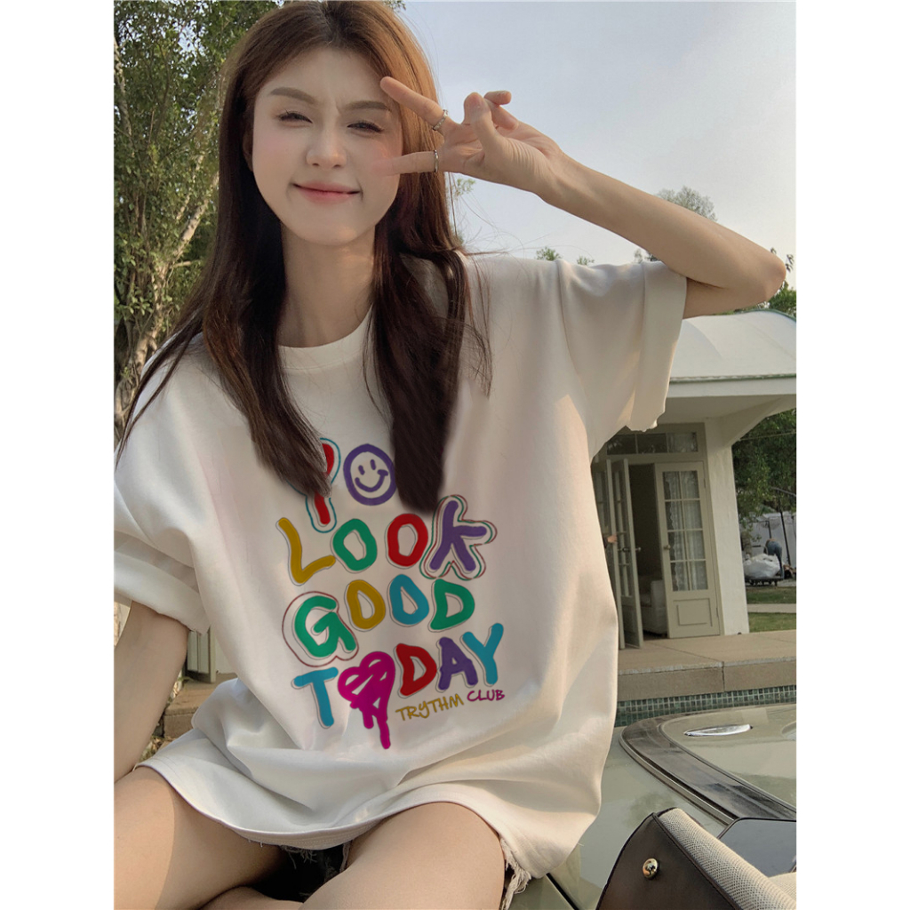 EUNII T-shirt Lengan Pendek Color You Look Good Today Korean Style/Kaos Atasan Wanita/Baju Kaus Oversize Wanita/Kaos Wanita