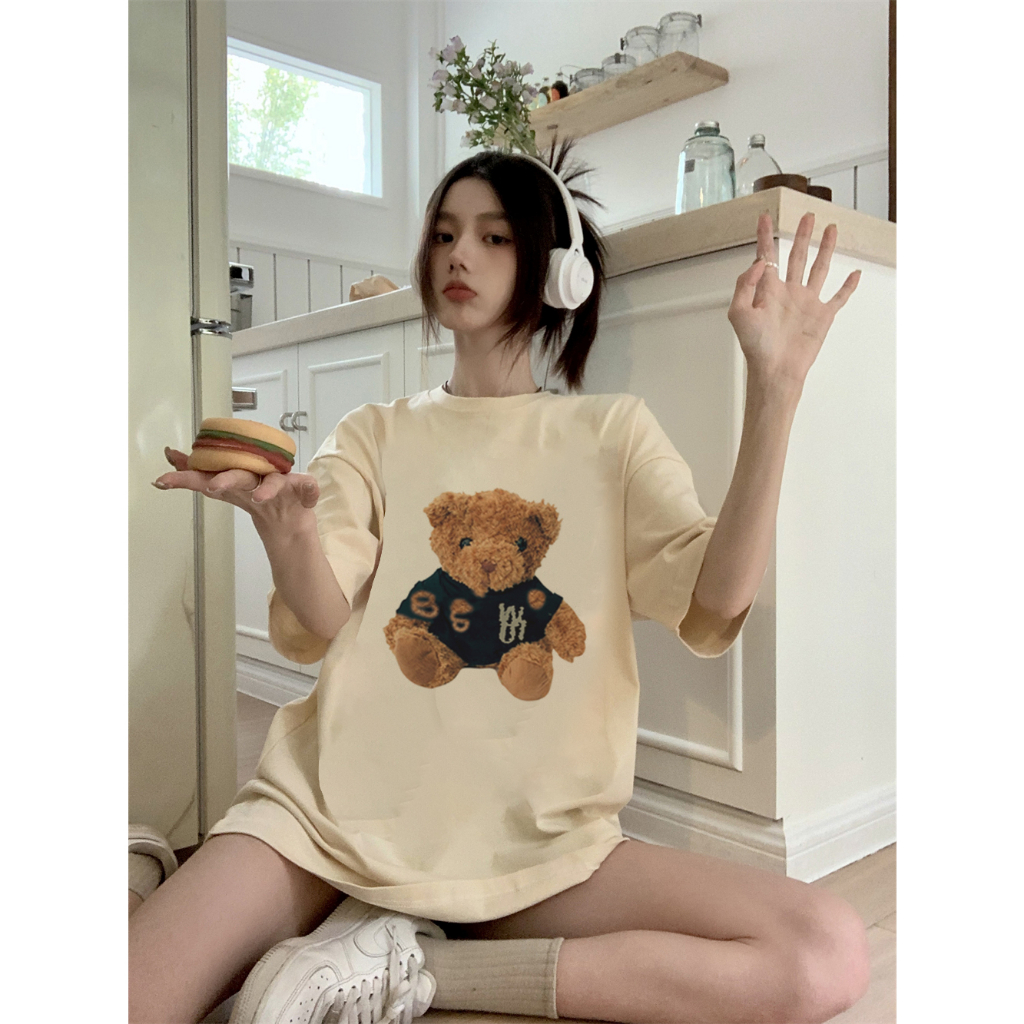 EUNII T-shirt Lengan Pendek Cute Teddy Bear Korean Style/Kaos Atasan Wanita/Baju Kaus Oversize Wanita/Kaos Wanita