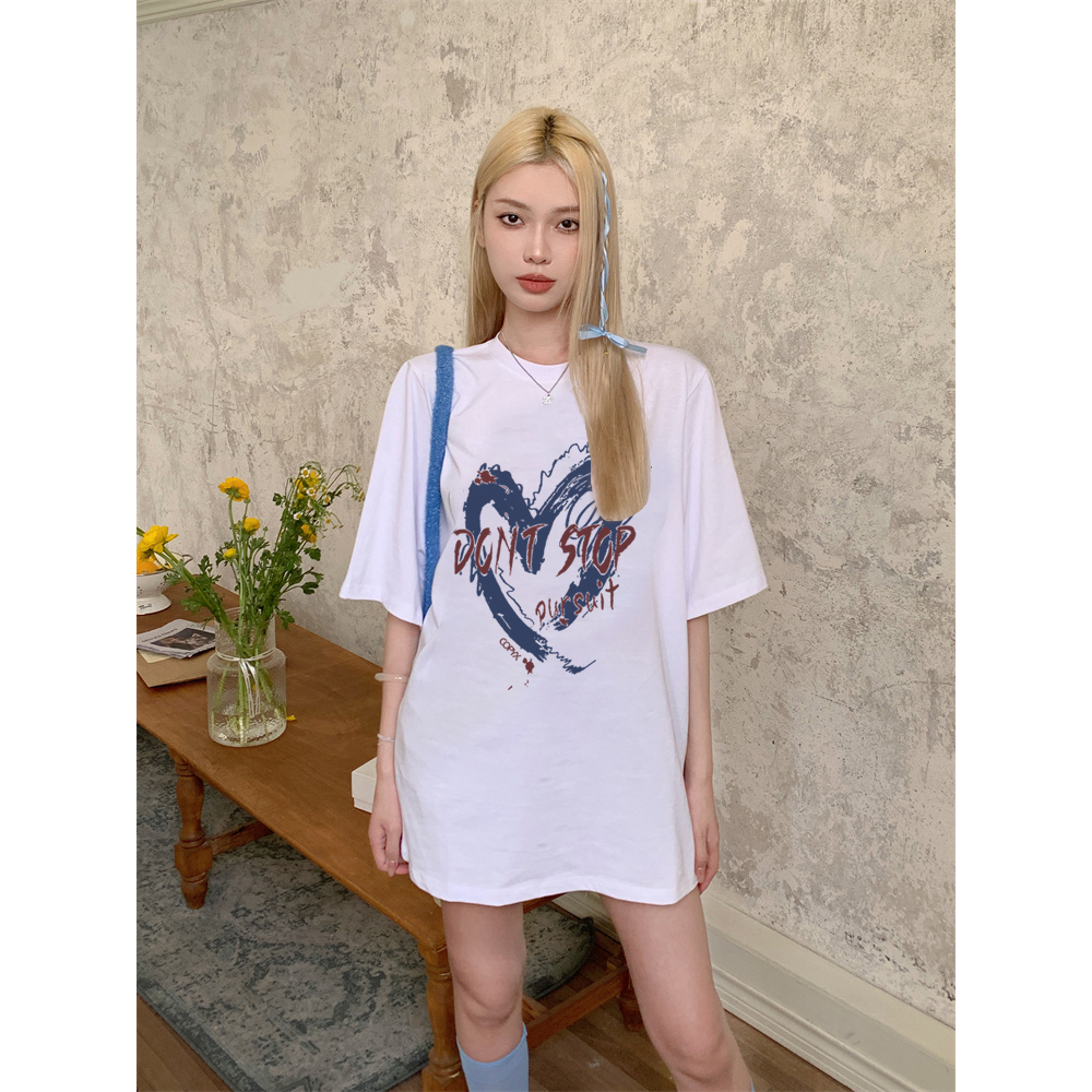 EUNII T-shirt Lengan Pendek Vintage Blue Heart Korean Style/Kaos Atasan Wanita/Baju Kaus Oversize Wanita/Kaos Wanita