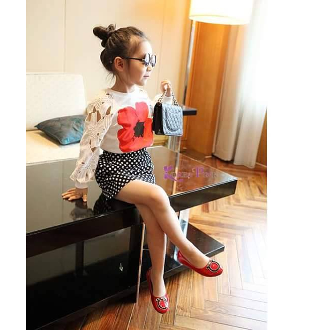 Setelan Rok Anak Perempuan Impor Atasan Brokat Putih motif Bunga Korea Pink