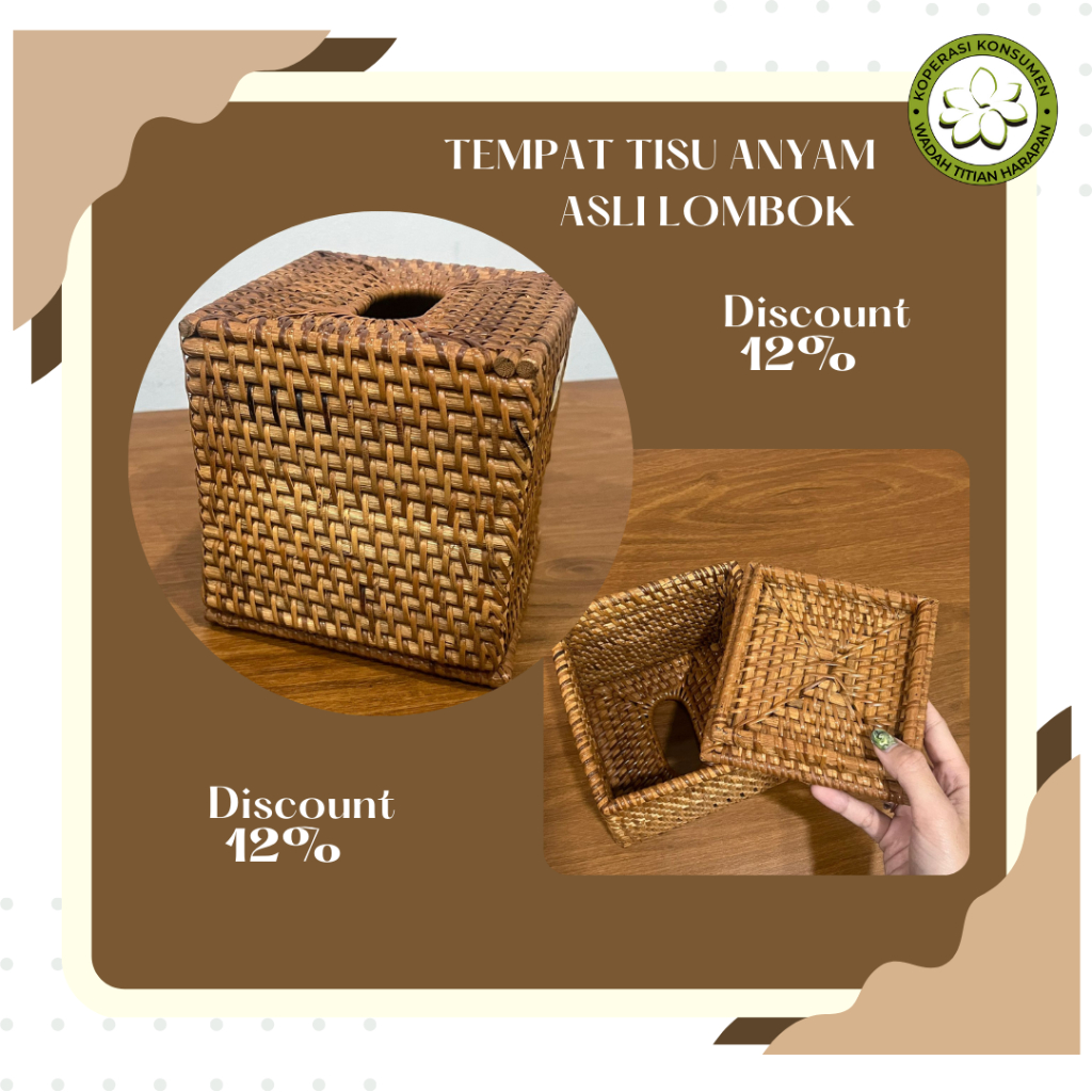 Tempat Tisu Rotan Kubus Kerajinan Asli Lombok