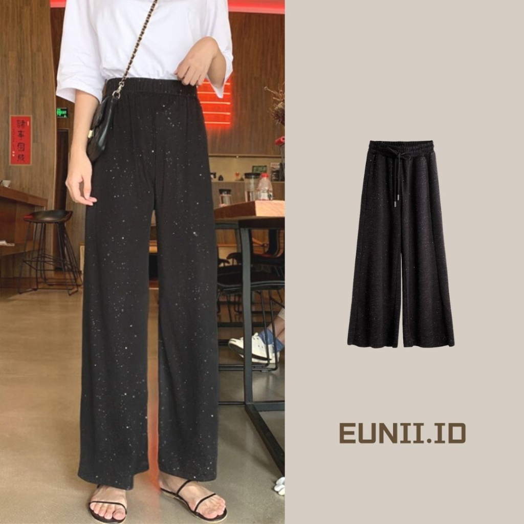 EUNII Celana Panjang Kasual Hitam Wanita High Waist Straight Pants