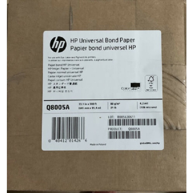 

HP Universal Bond Paper Q8005A 106microns(4.2mil) 80g/m2(21lbs) 841mm x 91,4m