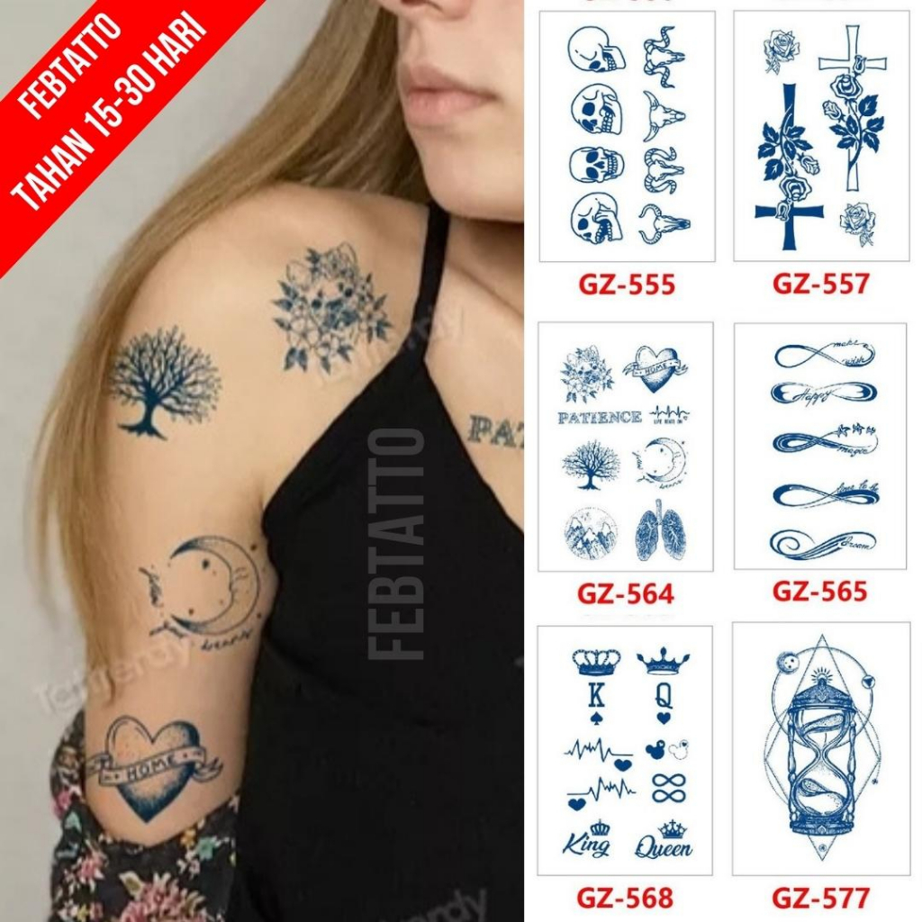 Tato Semi Pemanent Tahan 1 Bulan Ukuran 11cmx18cm Tato Lengan Tato Dada Tato tangan Tato Kaki Tato Jari  Motif Aesthetic Tatto Temporary Stiker Tato Halal Grosir Tato air motif jam pasir, king queen, bomer, love, salib, tengkorak, kepala kambing GZ 564