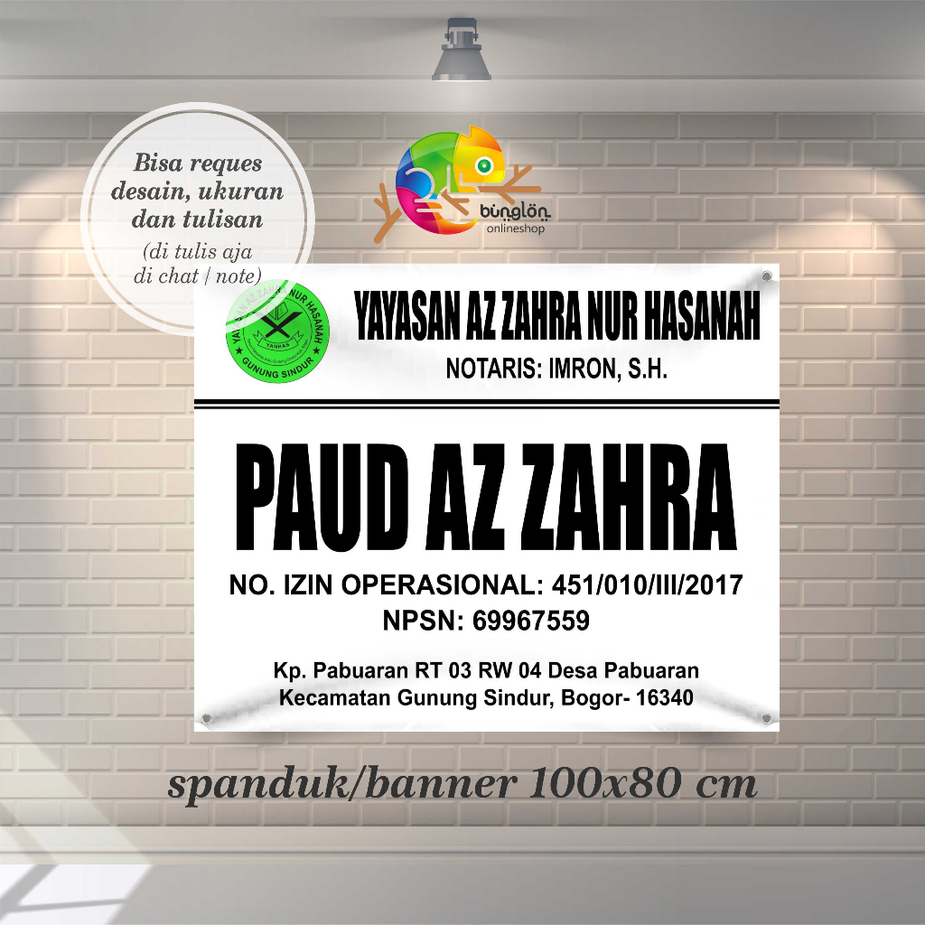Spanduk, Banner 100x80 Cm Spanduk Plang Yayasan, Plang Paud, Plang TK Kober