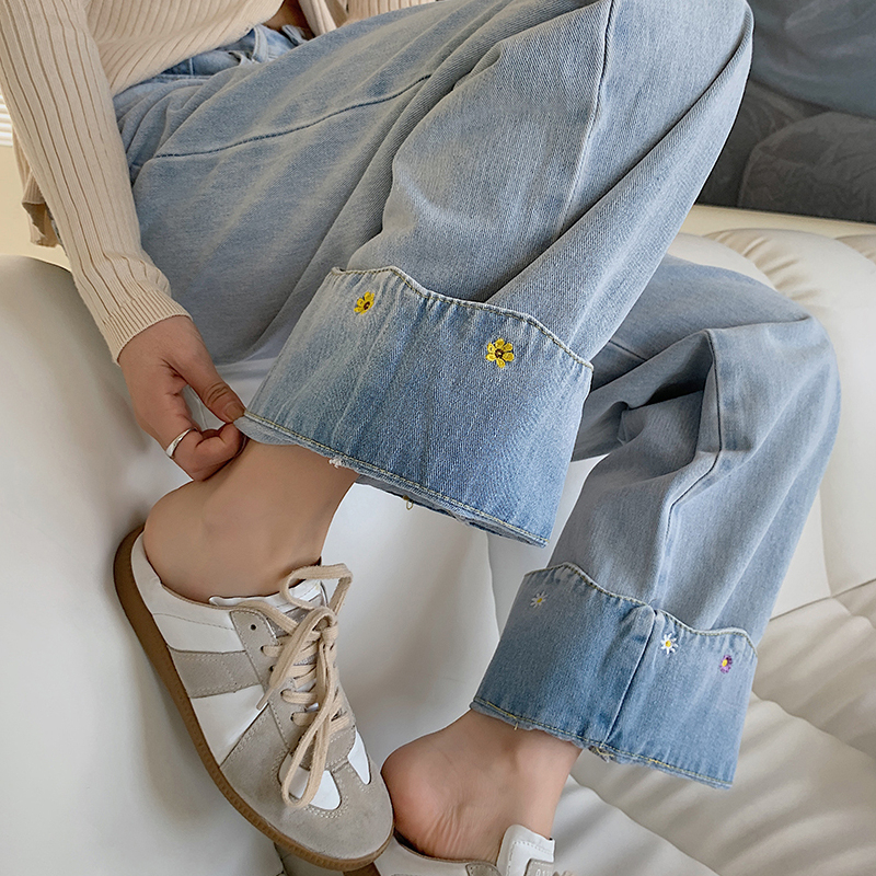 Korea Sulaman Bunga Highwaist Loose Celana Jeans Wanita 2023 Terbaru